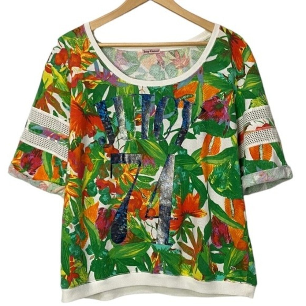 Juicy Couture top womens green tropical jersey tee Juicy 74 Sz XL